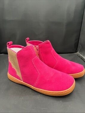 Livie & Luca Bright Fuchsia Suede Ankle Boots with Tan Heel